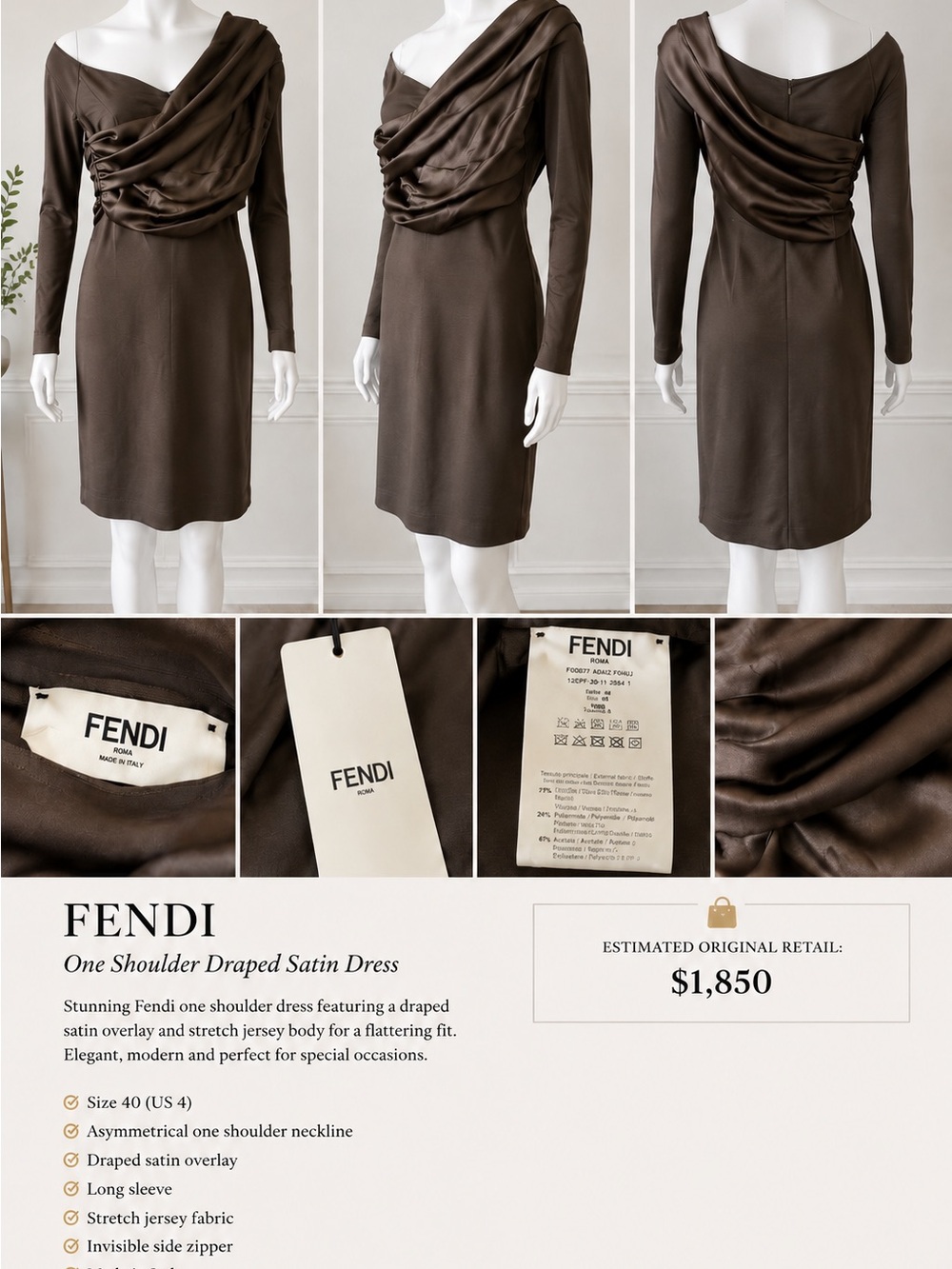 Fendi One-Shoulder Draped Satin Jersey Dress in Brown